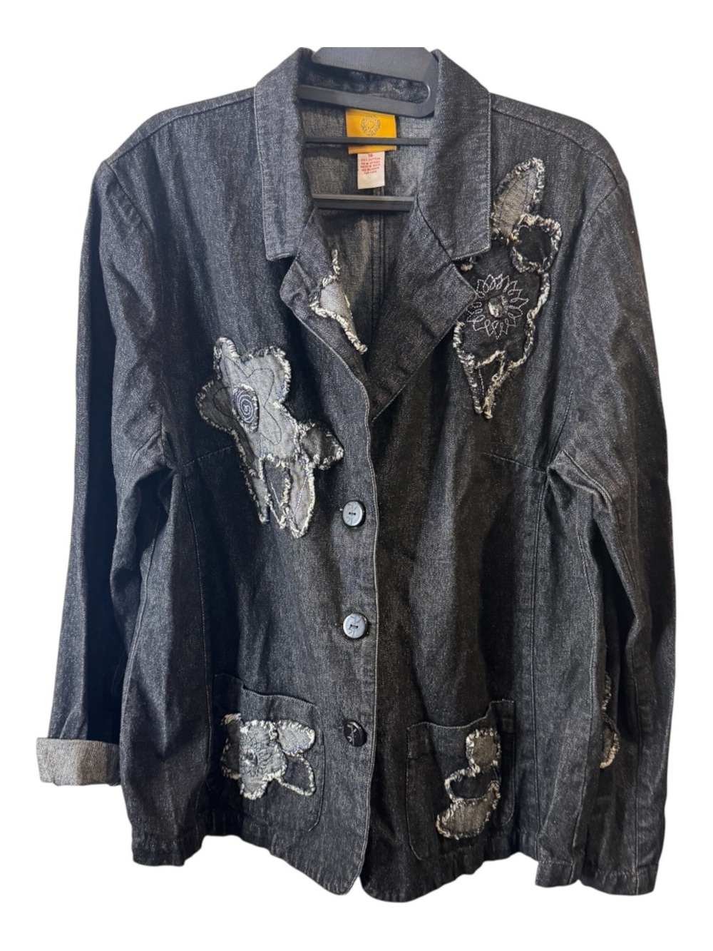 Vintage Ruby Rd. Black Denim Blazer Jacket Floral Applique Embroidered Size 16